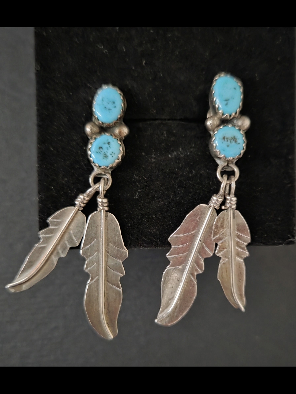 NavajoTurquoise Feather Drop Earrings - Sterling Silver